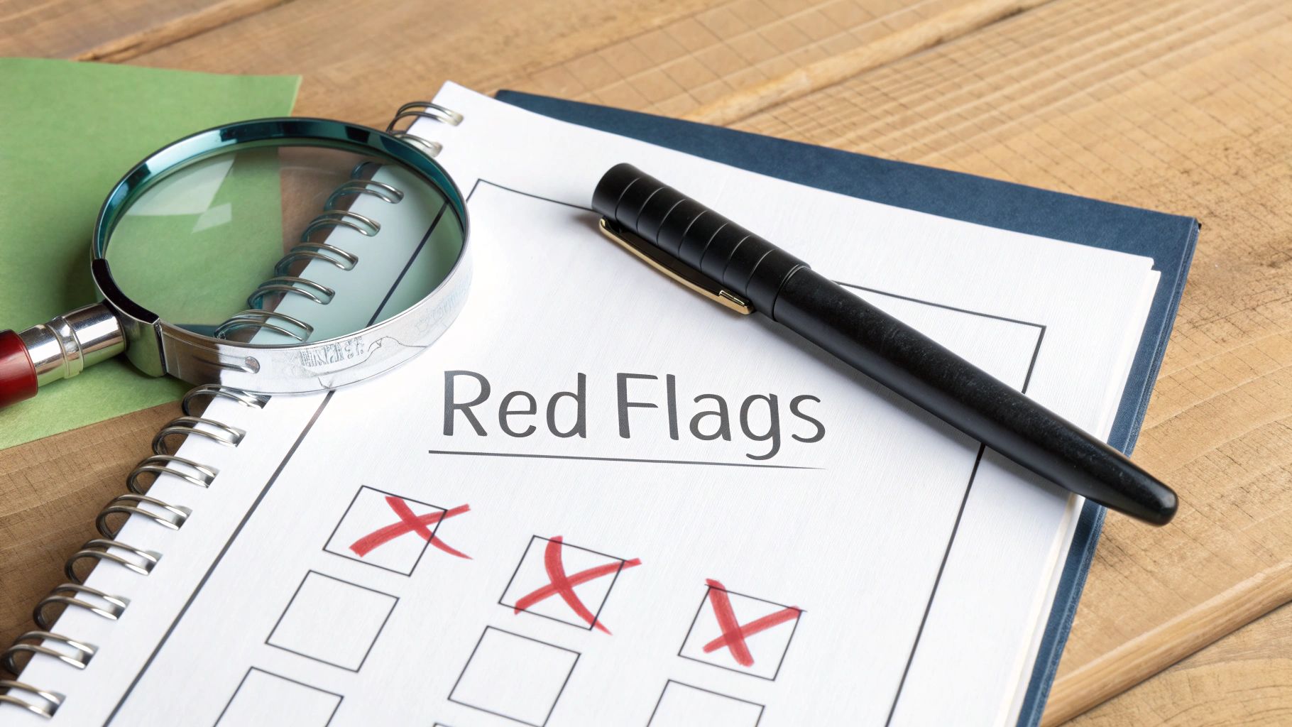 A checklist titled 'Red Flags' with three boxes marked with red Xs, a magnifying glass, and a pen.