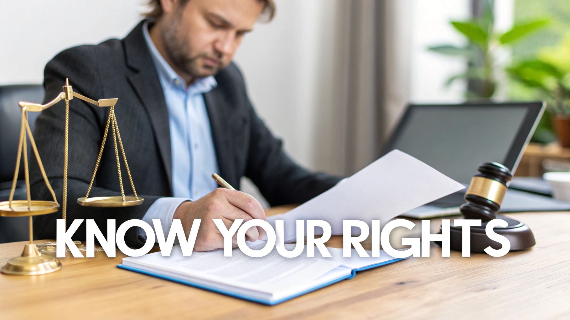 A lawyer signs legal documents on a desk with scales of justice and a gavel, text 'KNOW YOUR RIGHTS'.