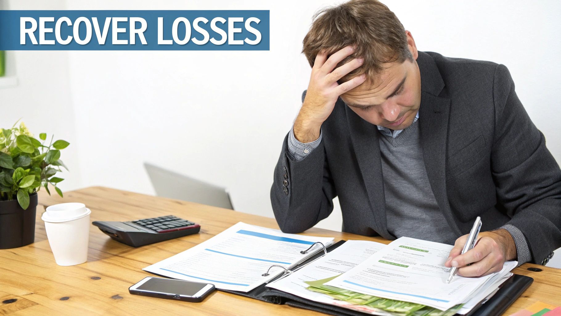 A stressed businessman at a desk, reviewing documents, possibly dealing with financial losses.