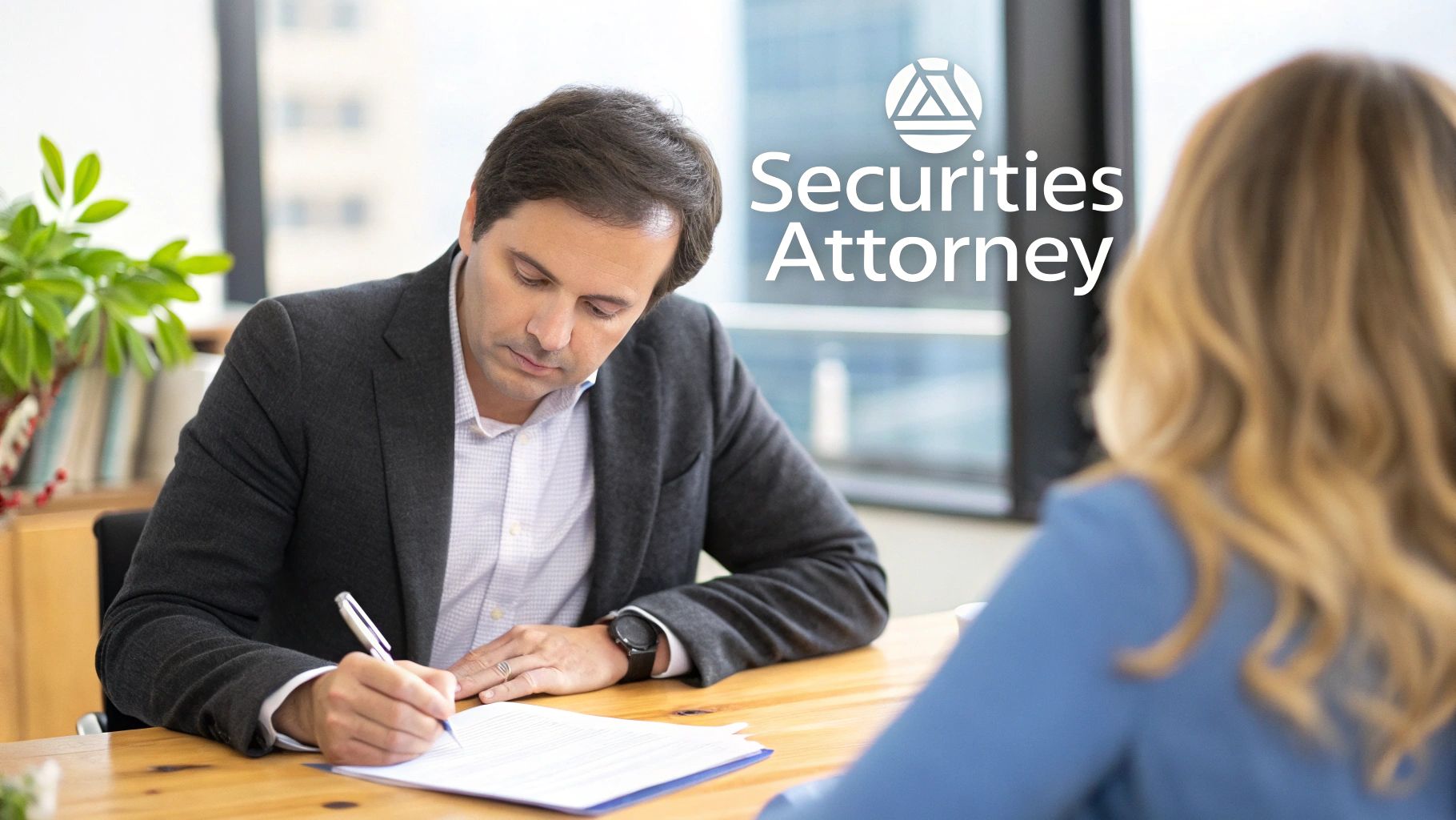 A male securities attorney signs a document at a wooden desk during a legal consultation with a client.