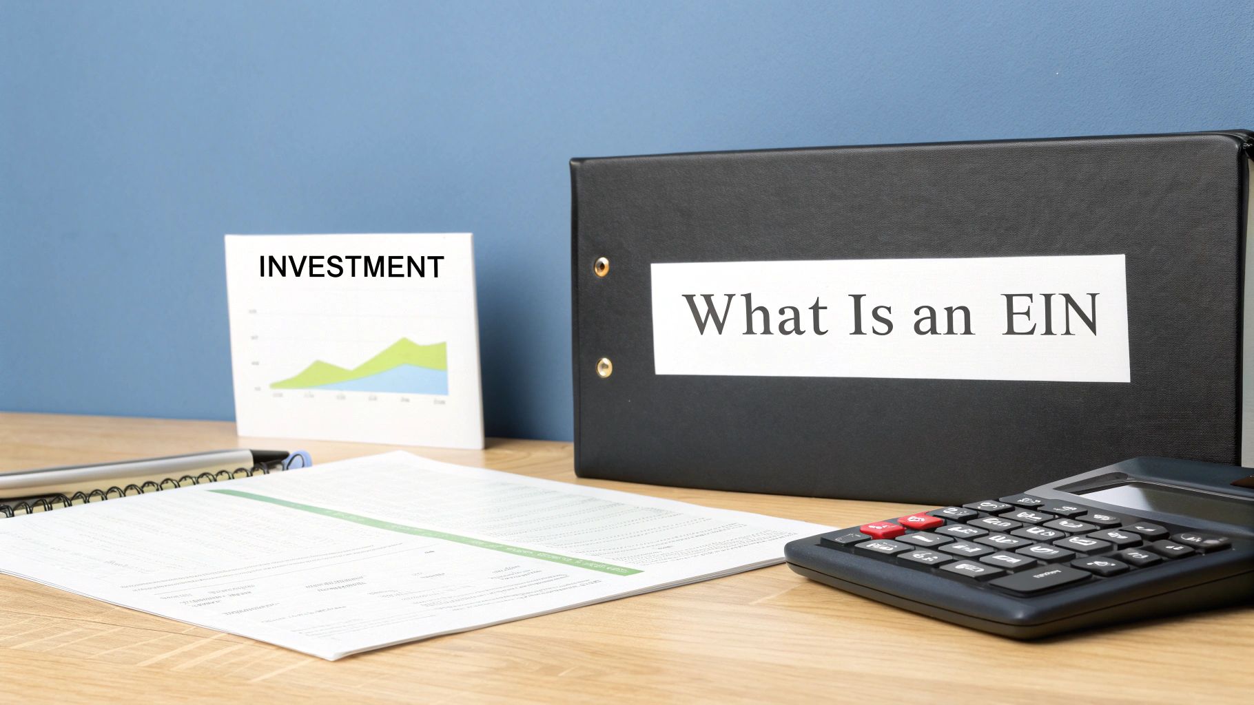 A desk with financial documents, a calculator, an investment chart, and a binder about EIN.