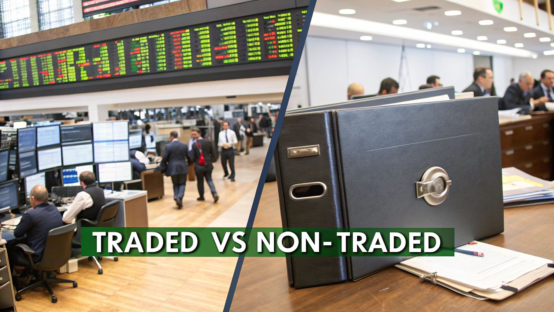 Image comparing a bustling stock trading floor with a quiet office setting featuring binders, illustrating traded versus non-traded assets.