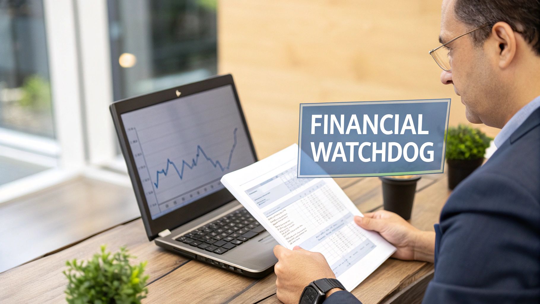 A businessman in glasses analyzes financial data on papers and a laptop, featuring a "FINANCIAL WATCHDOG" text overlay.