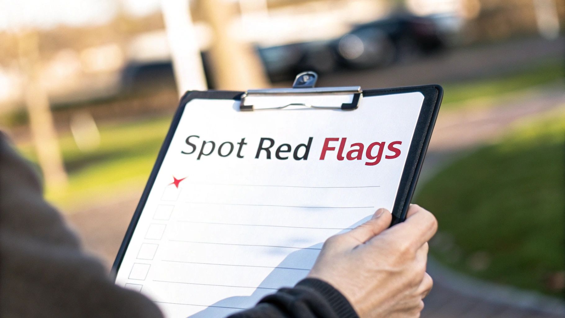 A close-up of hands holding a clipboard with 'Spot Red Flags' and a checked box, outdoors.