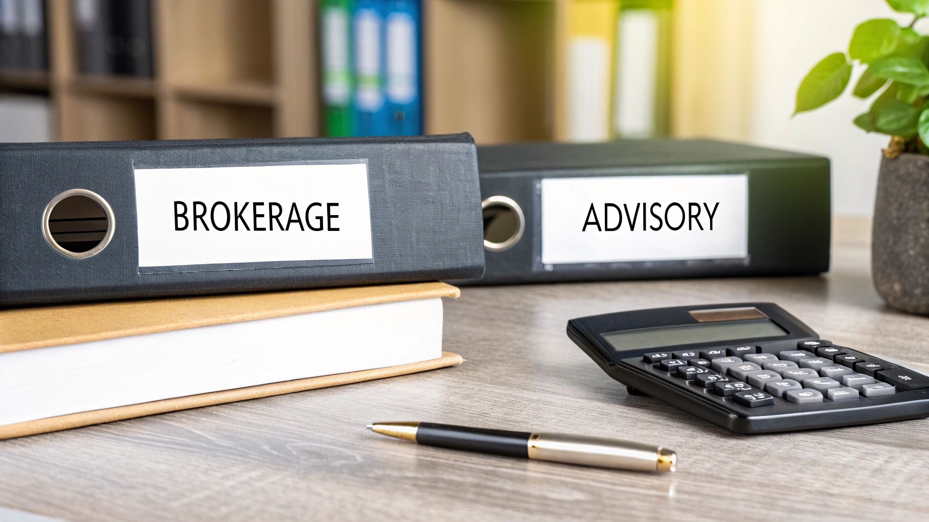 Two office binders labeled 'BROKERAGE' and 'ADVISORY' on a desk with a calculator and pen.