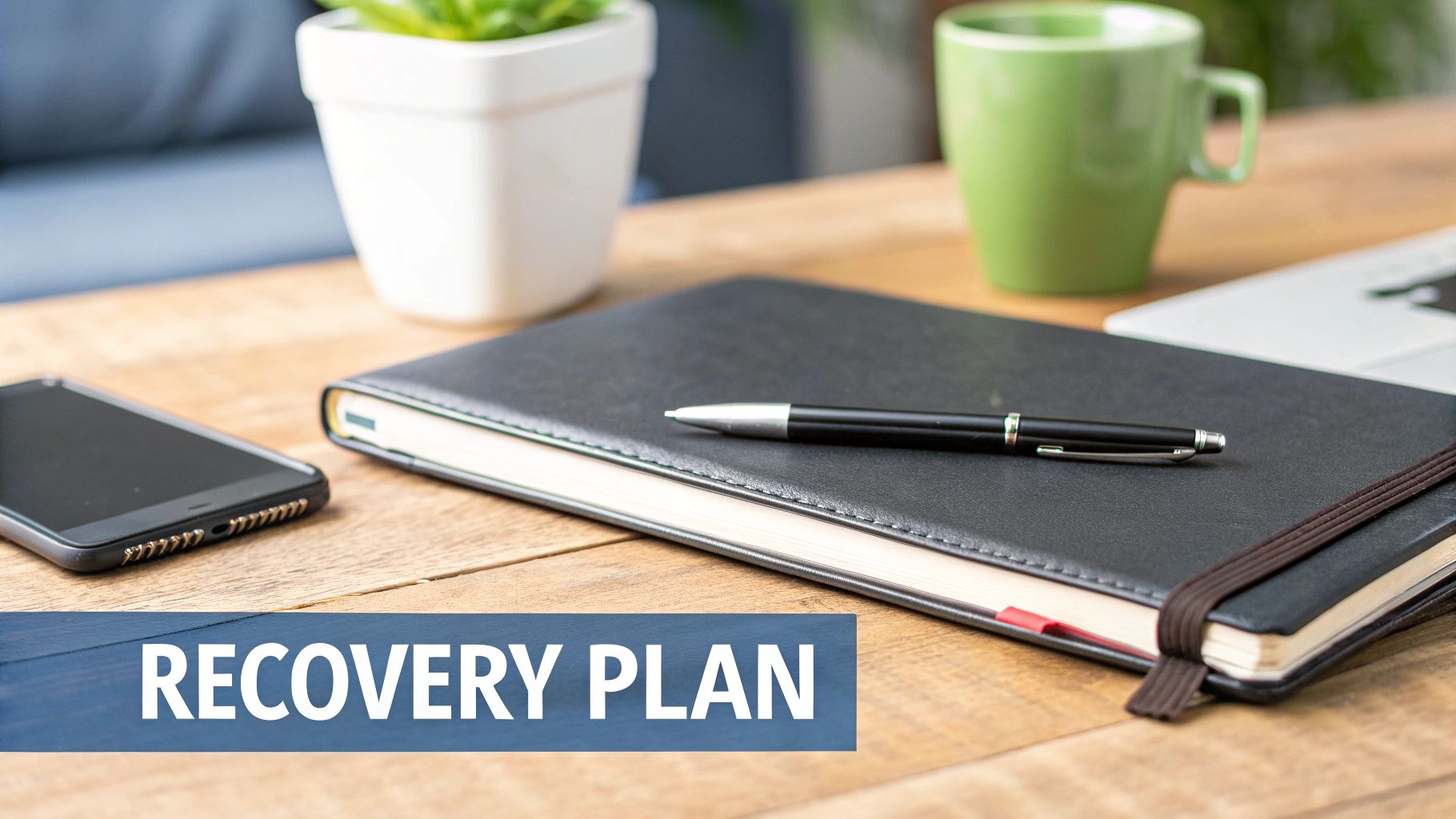 A close-up of a desk with a black planner, pen, smartphone, plant, and a green mug. Text reads 'RECOVERY PLAN'.
