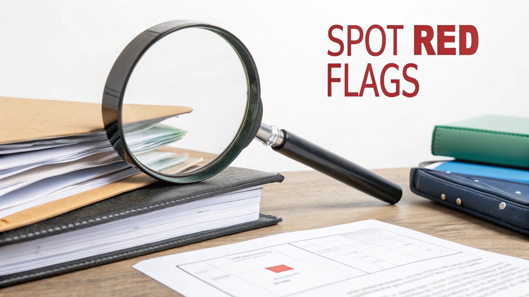 A magnifying glass on documents with text 'SPOT RED FLAGS' suggesting investigation and scrutiny.