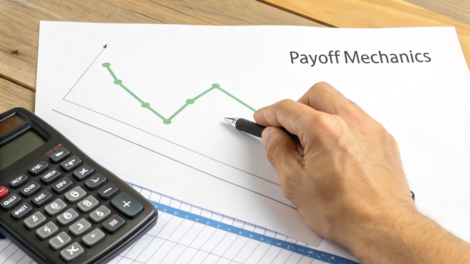 Hand with pen analyzing a "Payoff Mechanics" graph with a calculator on a wooden desk.