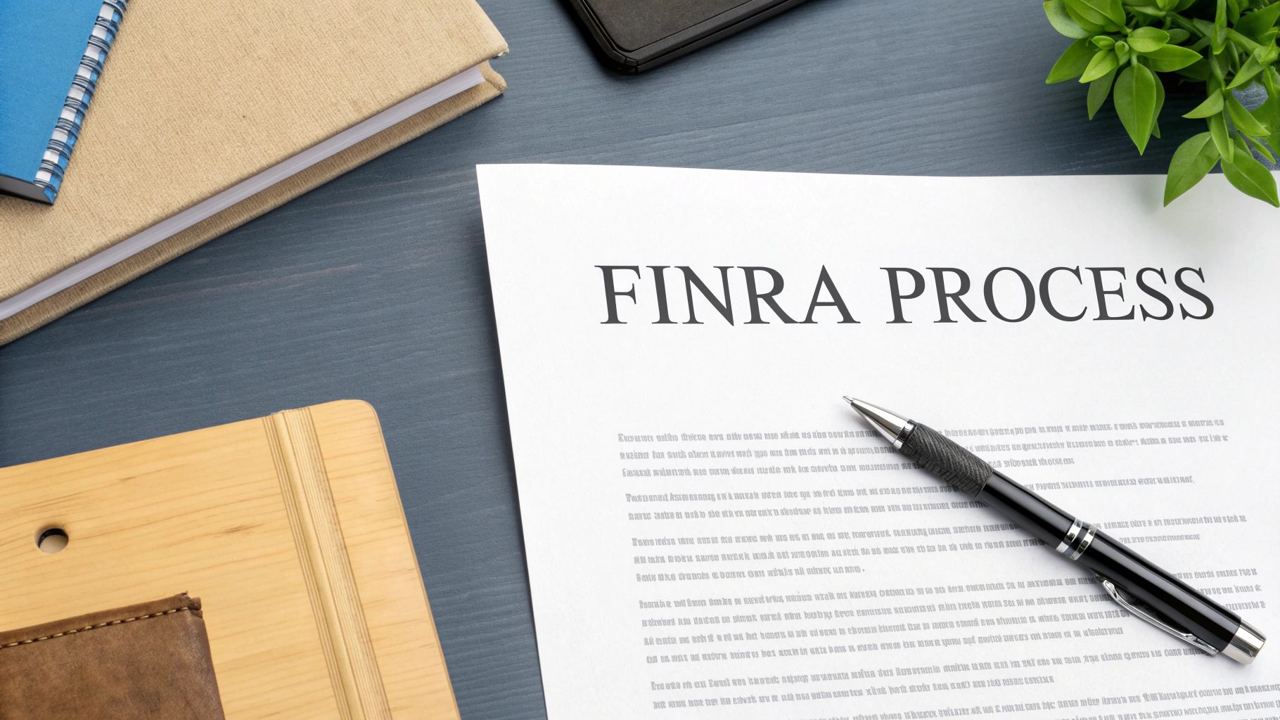A document titled 'FINRA PROCESS' on a desk with a pen, notebooks, and a green plant.