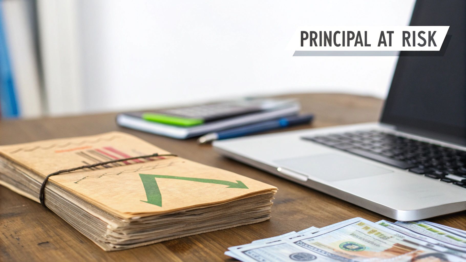 A desk with a laptop, money, and papers, with text overlay 'PRINCIPAL AT RISK', symbolizing financial risk.