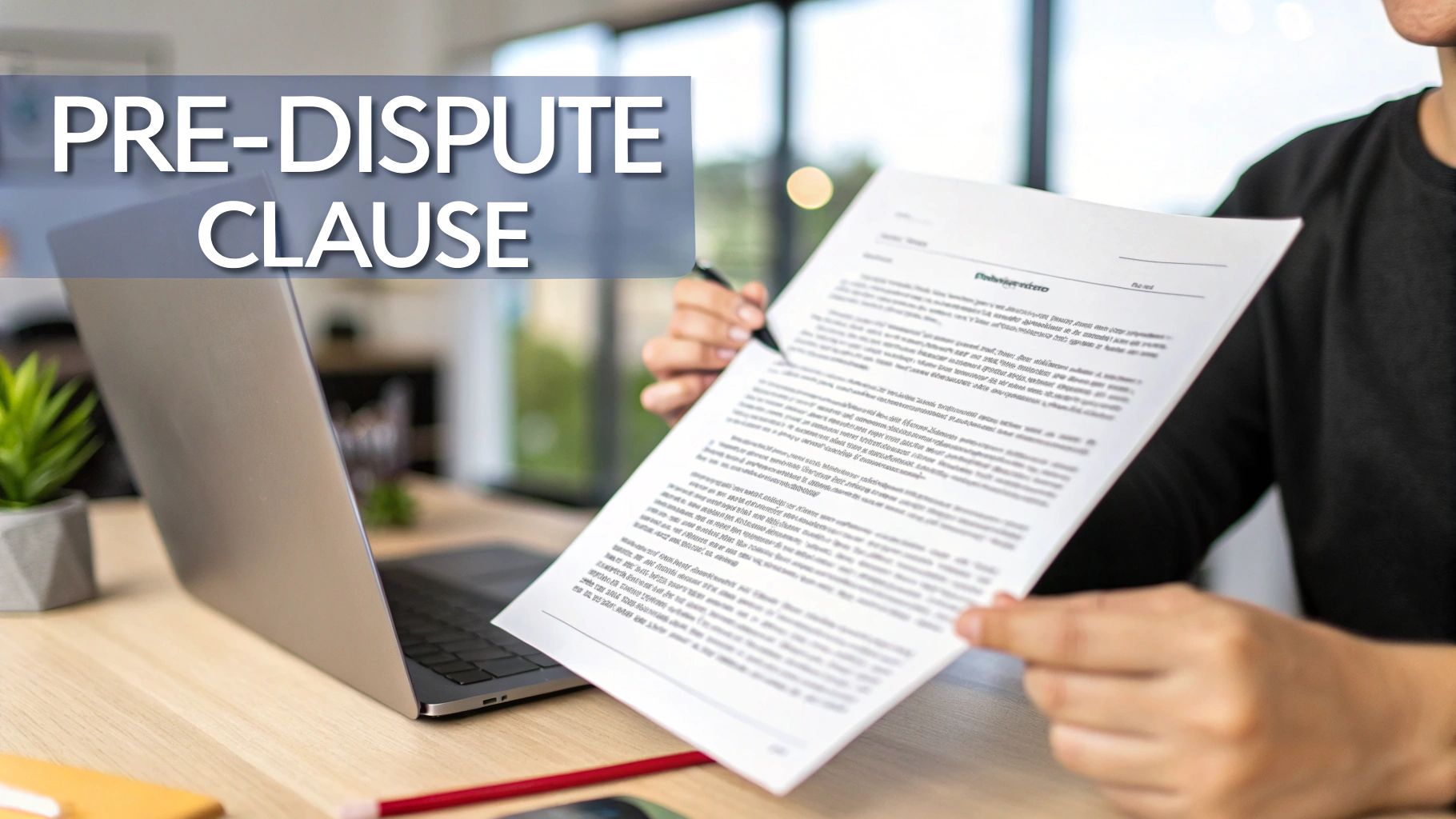 A person reviews a document with 'PRE-DISPUTE CLAUSE' text, next to a laptop on a wooden desk.