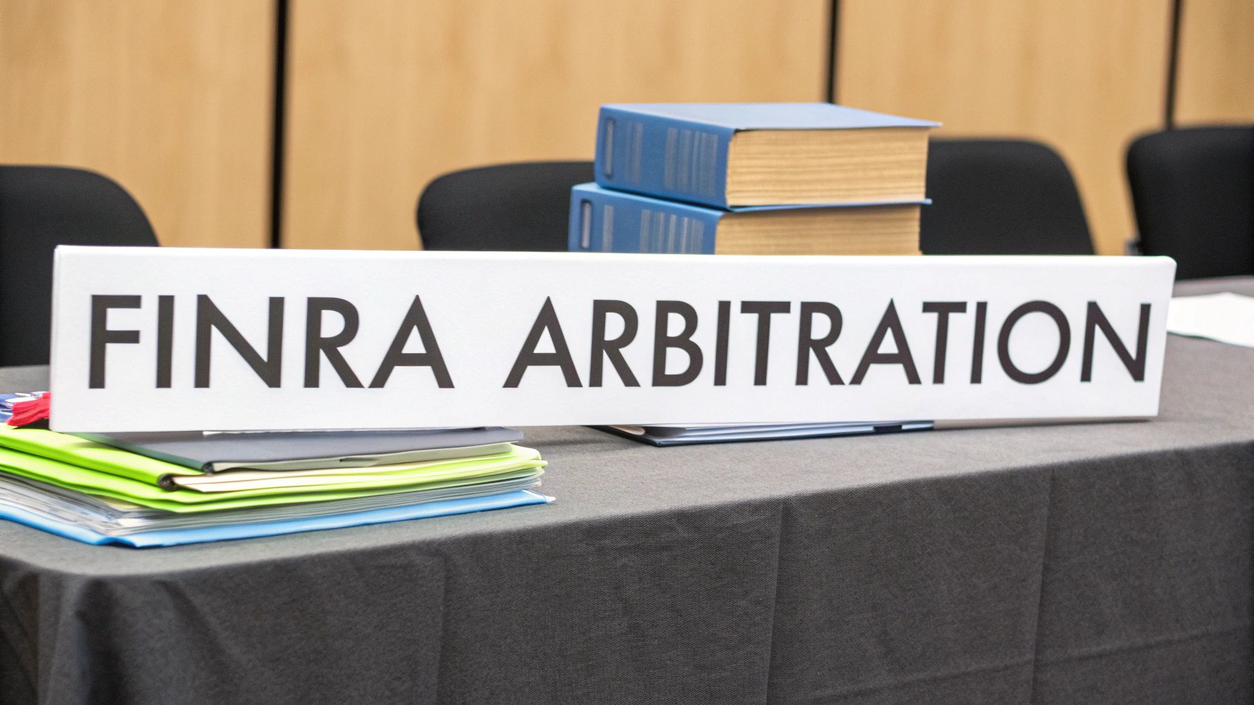 A sign on a conference table reads 'FINRA ARBITRATION' with legal books and files.