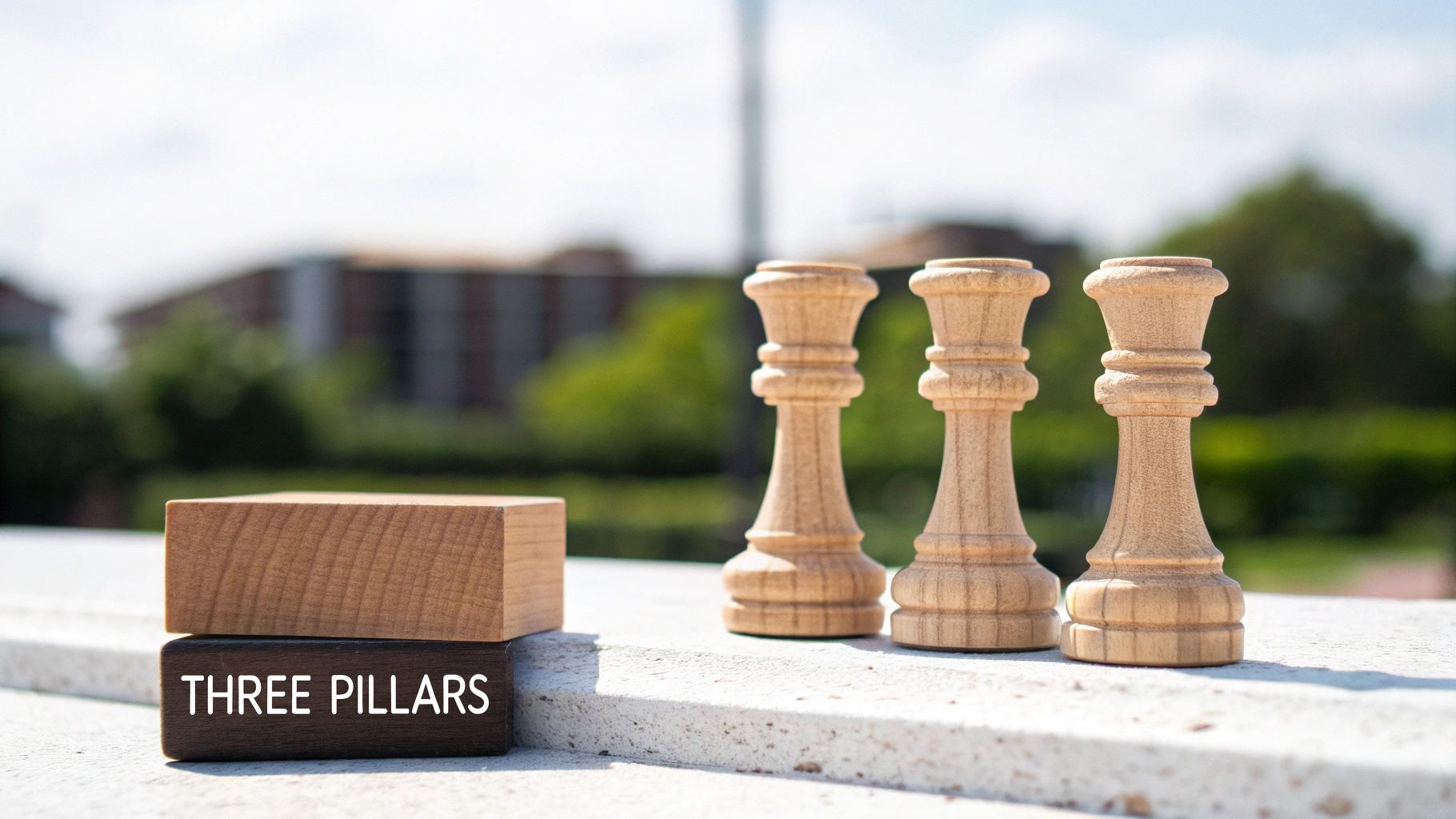 Three light wooden chess pieces stand next to two stacked wooden blocks, one inscribed 'THREE PILLARS'.