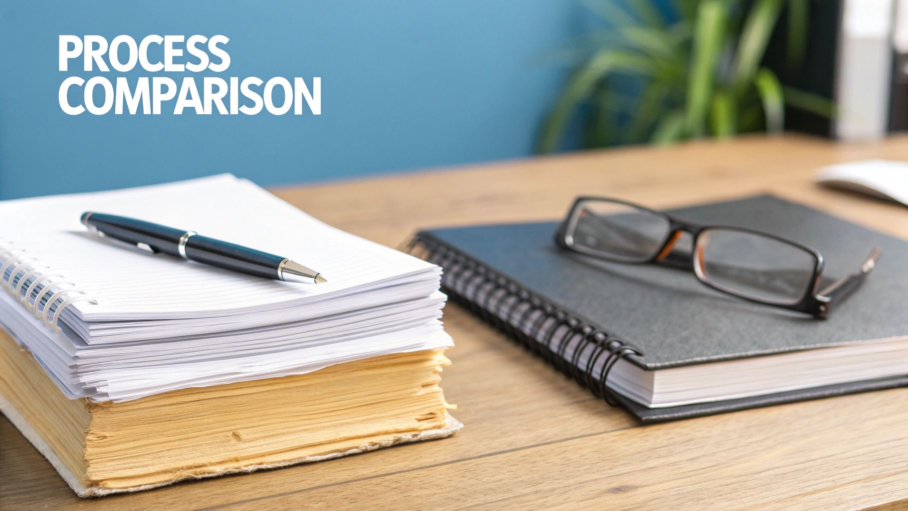 A desk with two notebooks, one stacked with a pen, the other with glasses, under 'PROCESS COMPARISON' text.