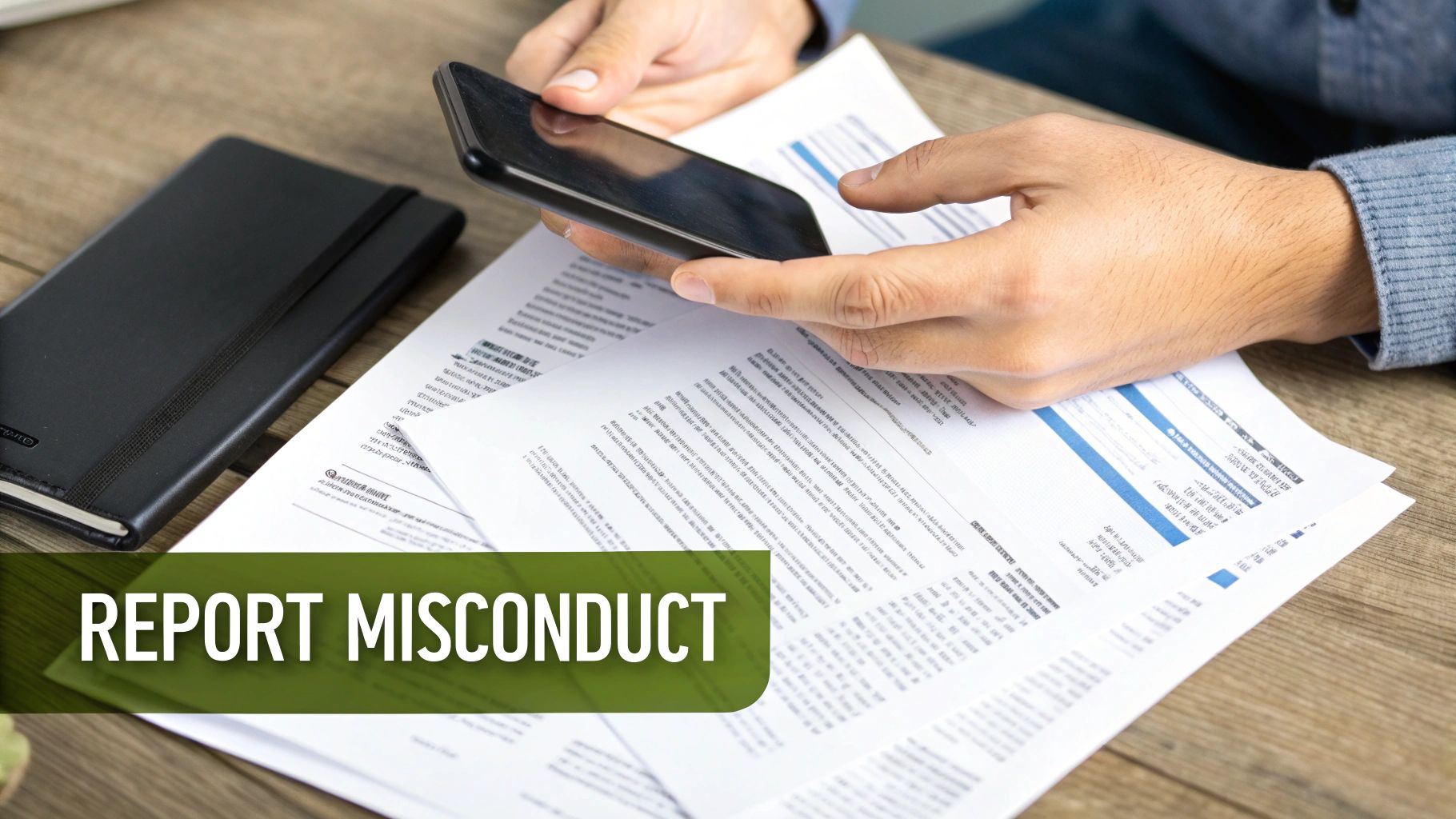 A person's hands hold a smartphone over business documents on a wooden desk, with a 'REPORT MISCONDUCT' overlay.