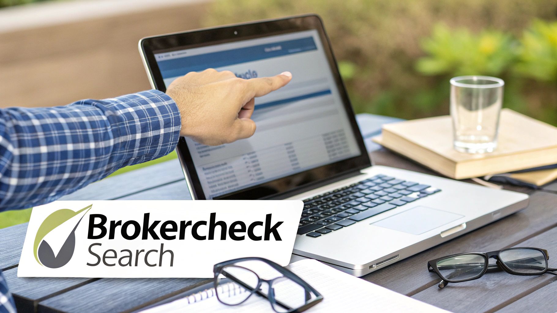 A person points at a laptop screen outdoors, with a Brokercheck Search logo and glasses nearby.