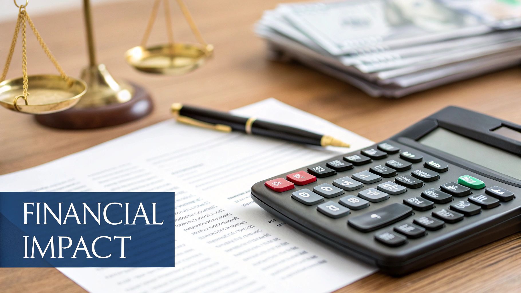 A desk with a calculator, pen, document, scales of justice, and money, with 'FINANCIAL IMPACT'.