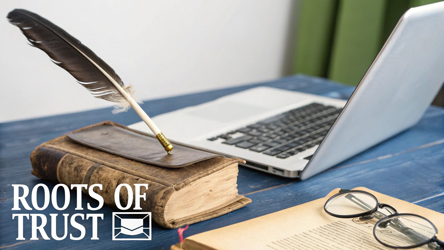 A quill, antique book, and laptop represent the historical and modern aspects of fiduciary duty.