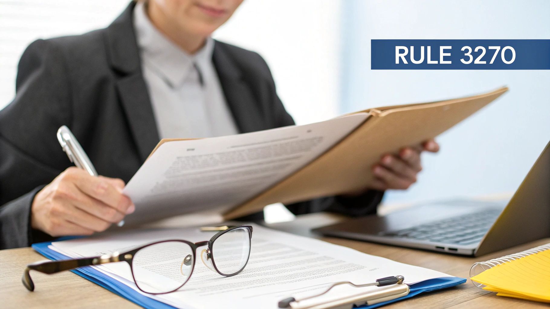 A person in a suit signing documents at a desk with a laptop, glasses, and a 'RULE 3270' banner.