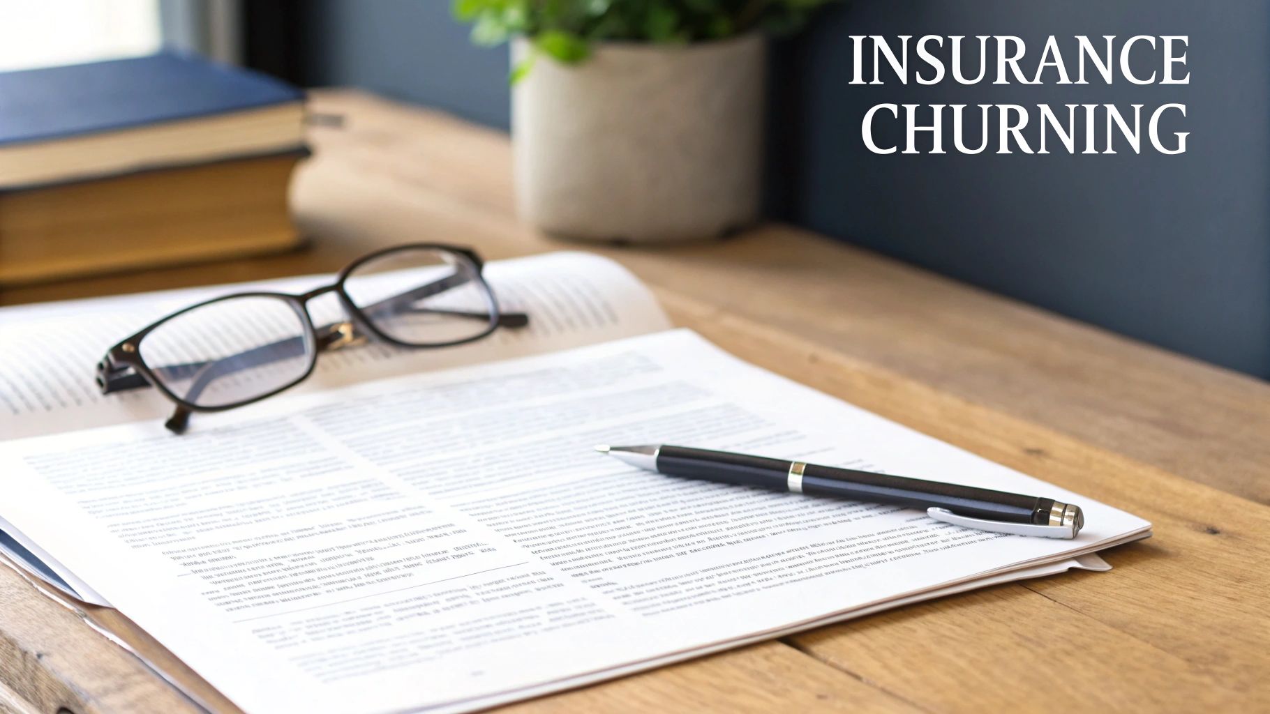 A desk with open documents, a pen, eyeglasses, and books, illustrating the concept of insurance churning.