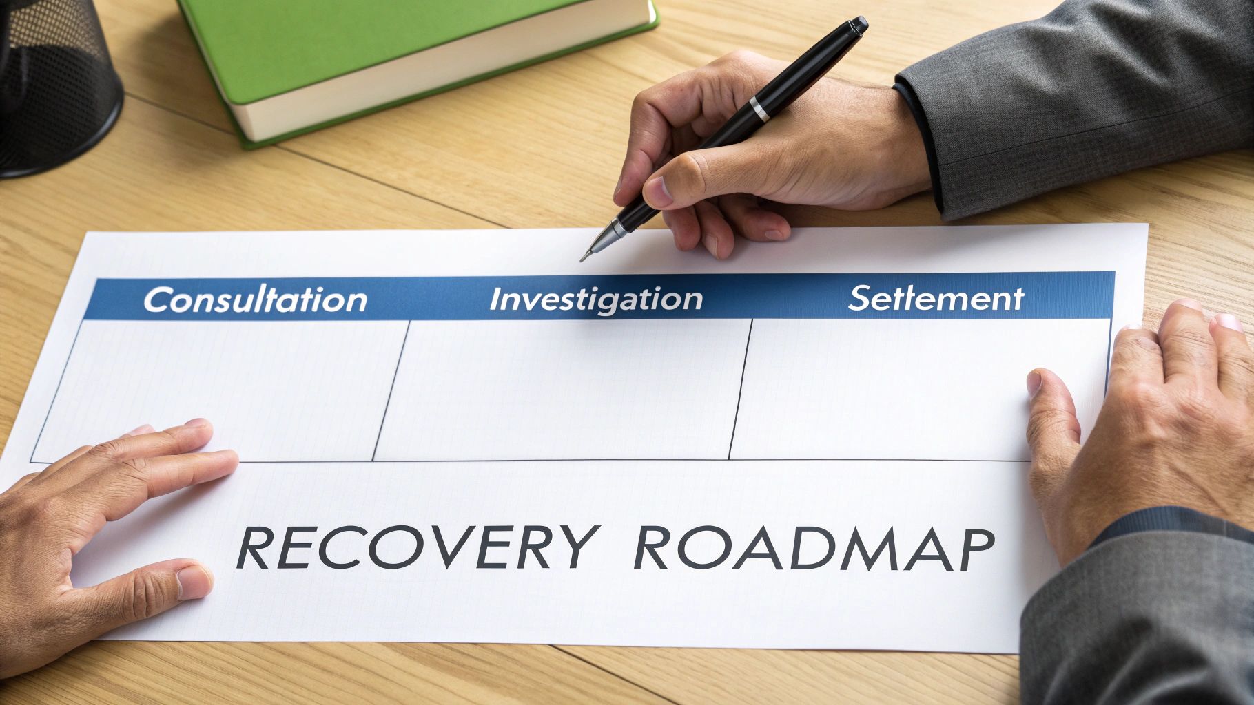 A clear roadmap illustration with signposts for legal stages like consultation and investigation