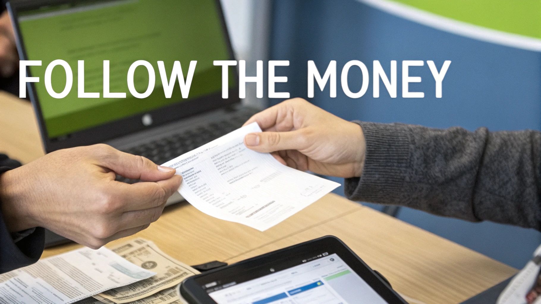 Two professionals exchanging financial documents over desk with laptop and cash, representing money management