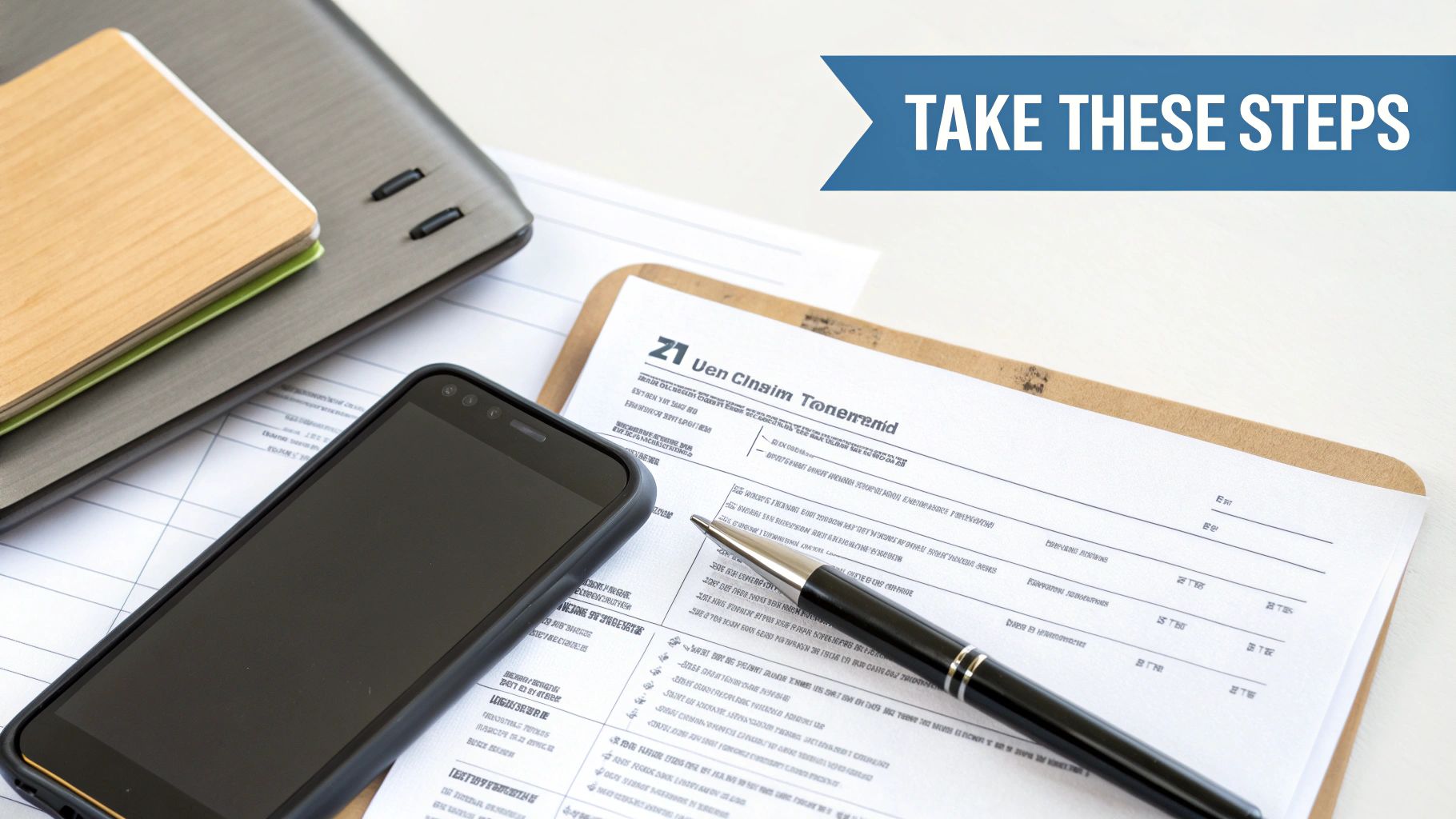 Overhead shot of a workspace with a phone, document, pen, and notebook, with 'TAKE THESE STEPS' banner.