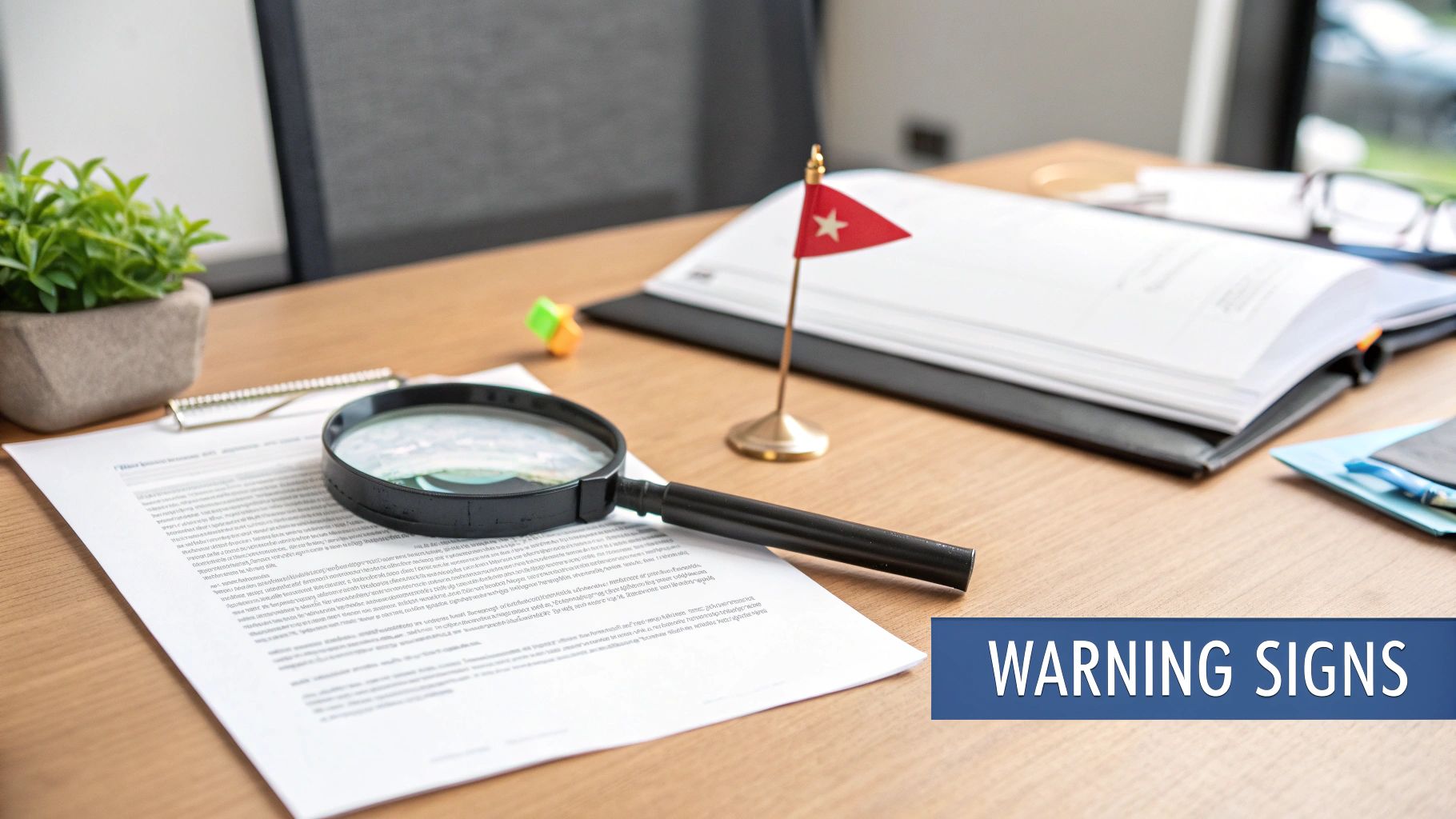 A magnifying glass on a document, a small red flag, and other items on a wooden desk, with 'WARNING SIGNS' overlay.