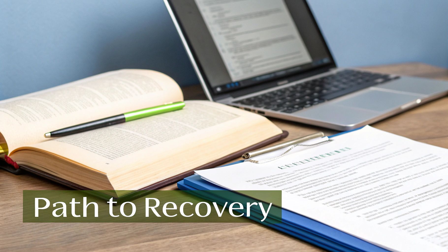 A desk setup with an open book, a green pen, laptop, and documents, with the text 'Path to Recovery' displayed.
