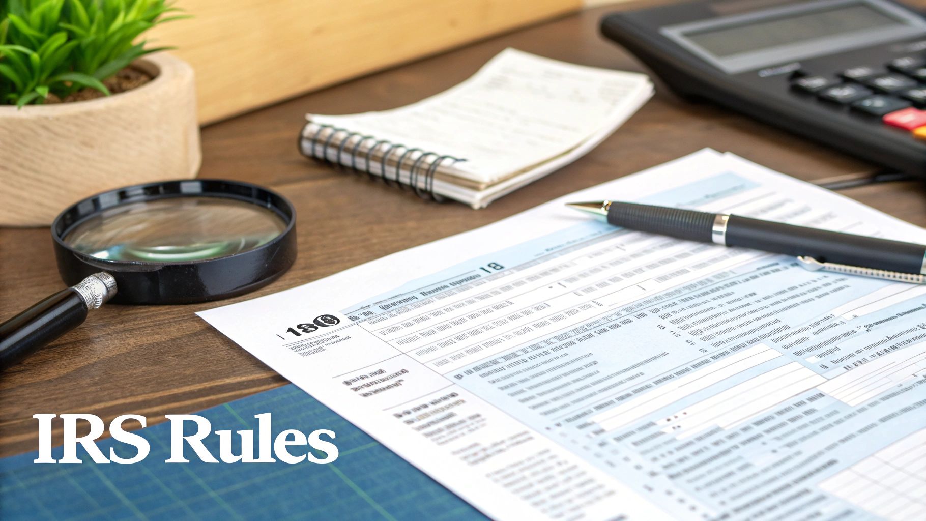 A desk with IRS tax forms, a pen, magnifying glass, and calculator, suggesting tax preparation.
