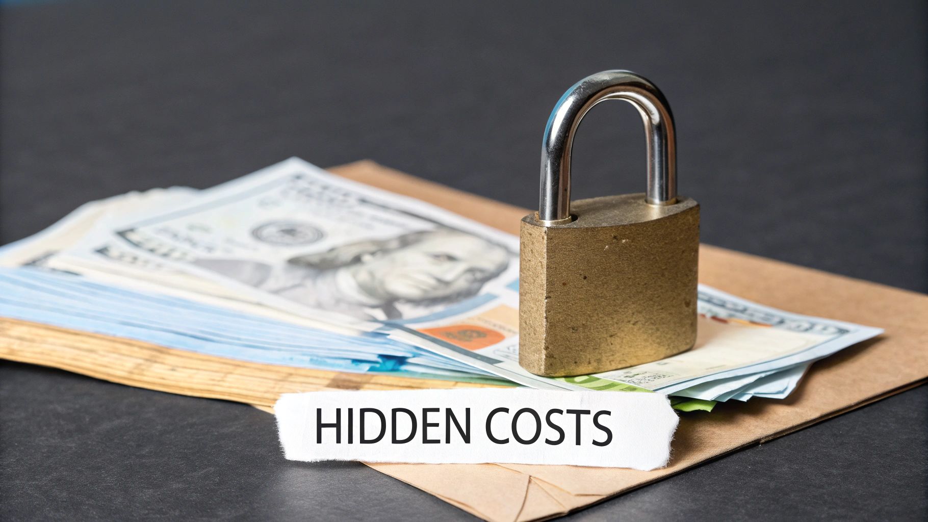 A padlock securing US dollars with a 'HIDDEN COSTS' label, symbolizing financial burdens.