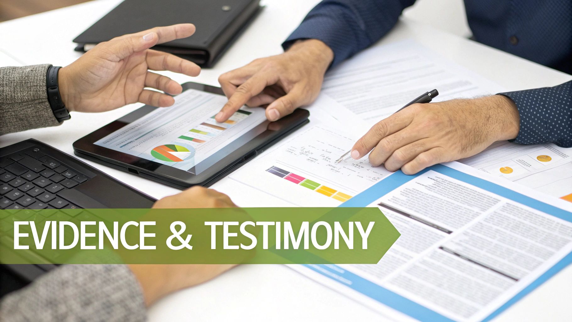 Three people collaborate, reviewing financial data on a tablet and documents, possibly for legal analysis.