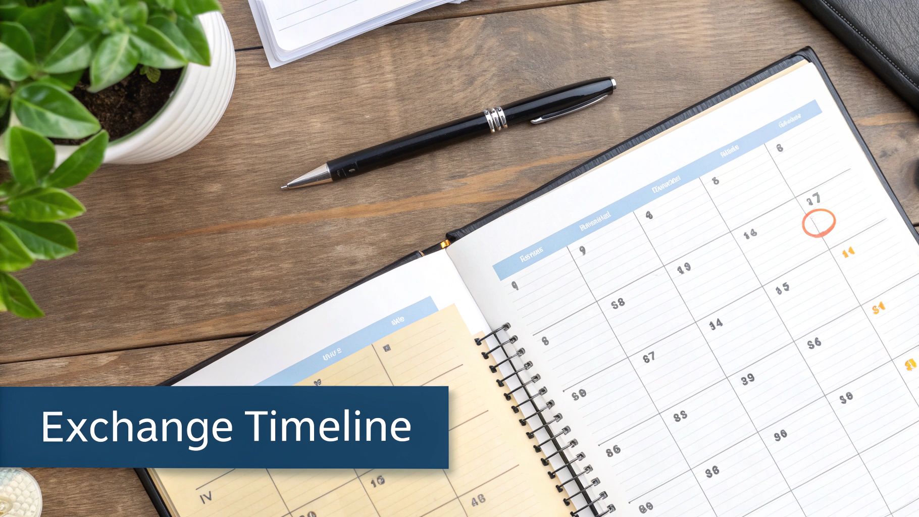 Overhead view of a desk with an open planner, pen, plant, and 'Exchange Timeline' text.