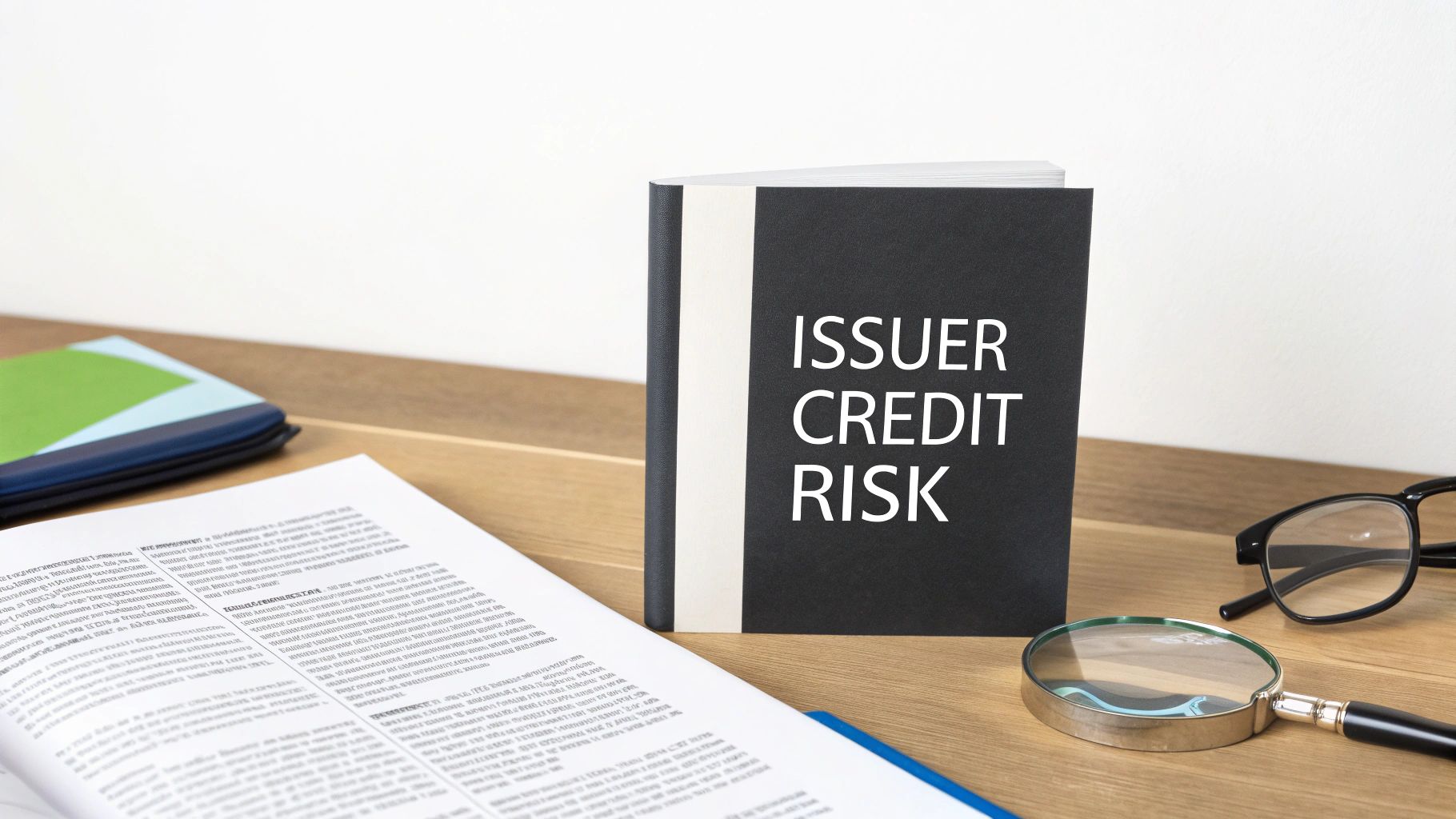 A book titled 'ISSUER CREDIT RISK' stands on a wooden desk with reading glasses and a magnifying glass.