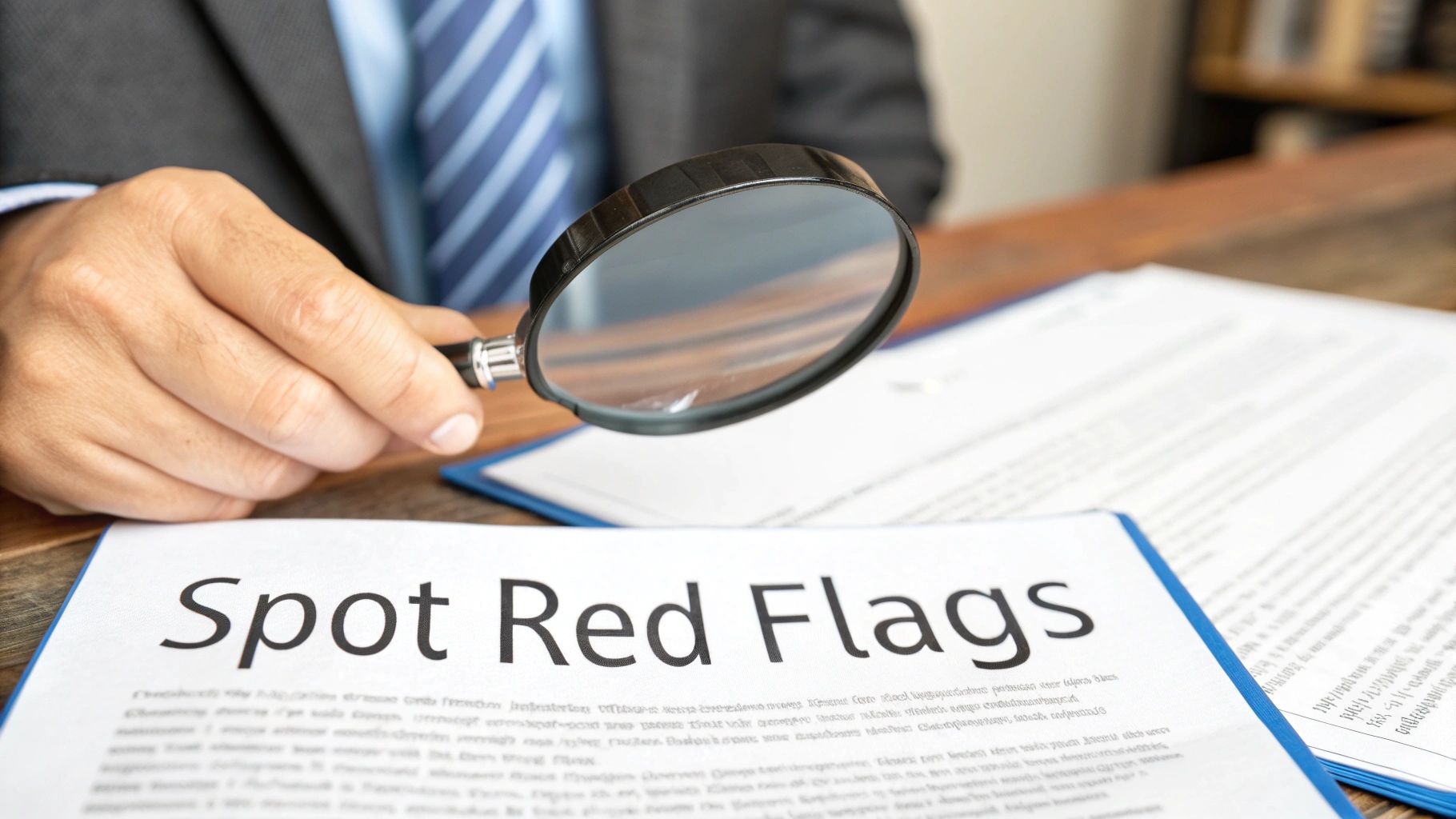 A person in a suit uses a magnifying glass to examine a document titled 'Spot Red Flags', indicating careful review.