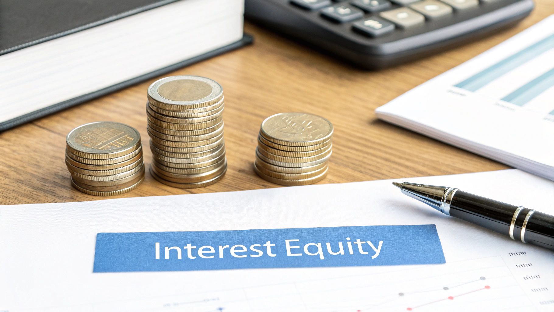 Stacks of coins, a pen, and a document labeled 'Interest Equity' on a wooden business desk.