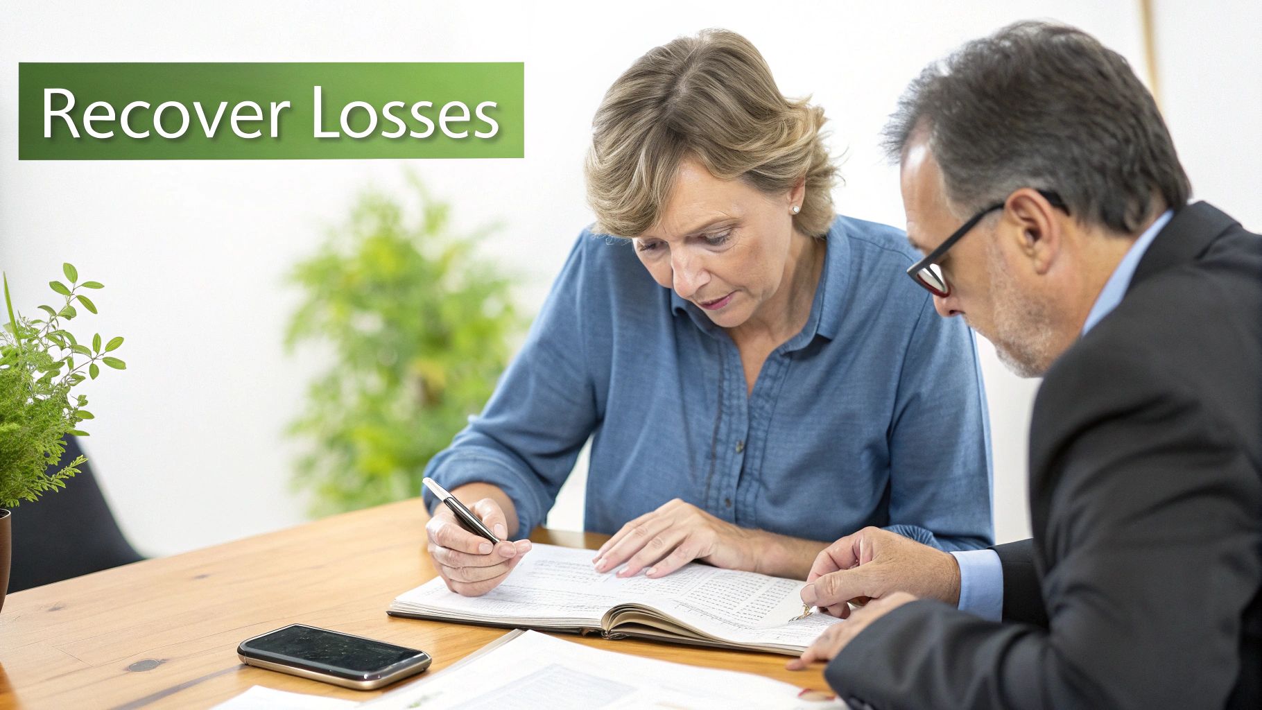 An investor reviewing documents at a desk with a concerned expression, with legal scales of justice faintly visible in the background.