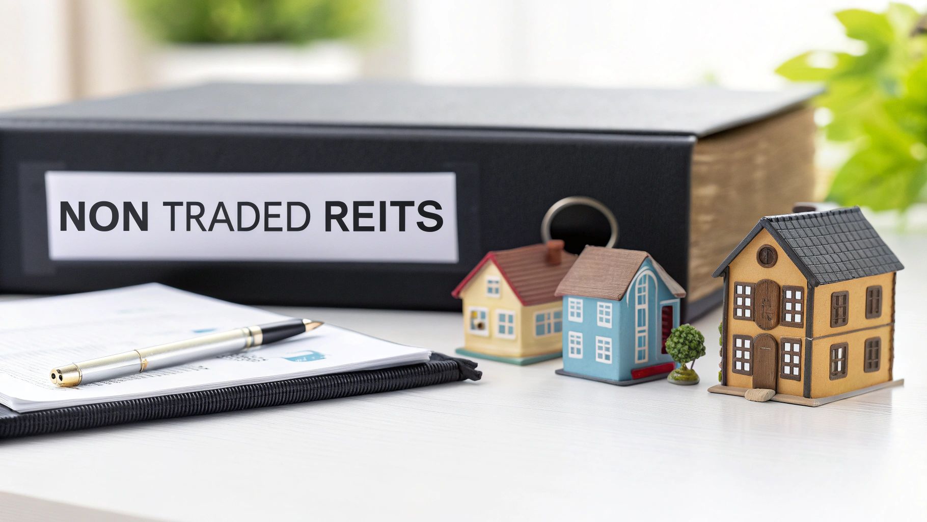 Non traded REITs binder with miniature house models, pen, and documents on desk