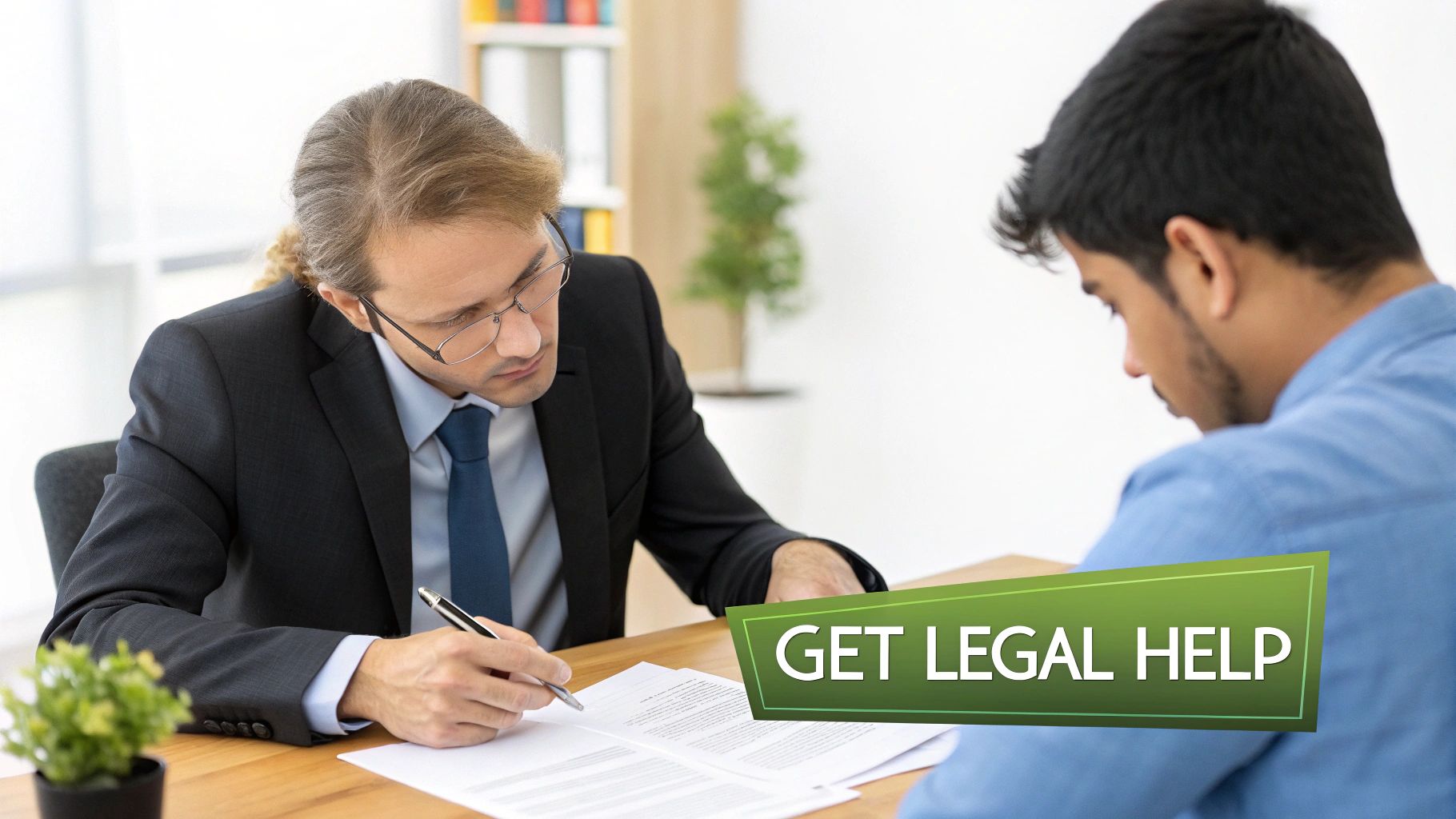 A lawyer in a suit and glasses helps a client sign legal documents with a 'GET LEGAL HELP' banner.