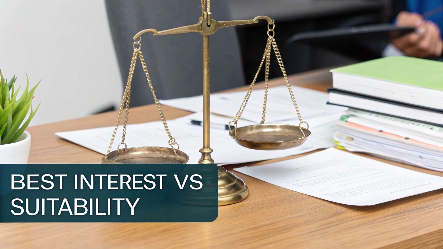 A balance scale on a wooden desk with a green plant, papers, and books. A banner reads 'BEST INTEREST VS SUITABILITY'.