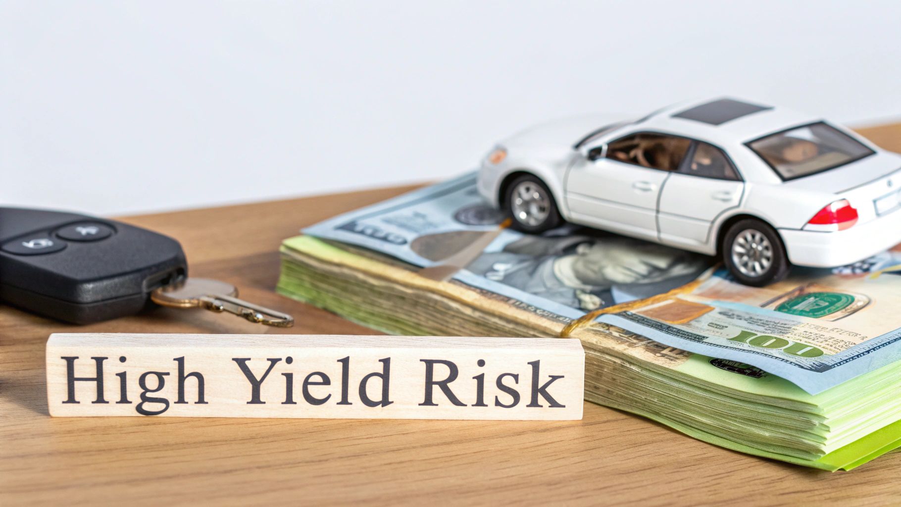 A wooden block reads 'High Yield Risk' next to a car key and toy car on dollar bills.