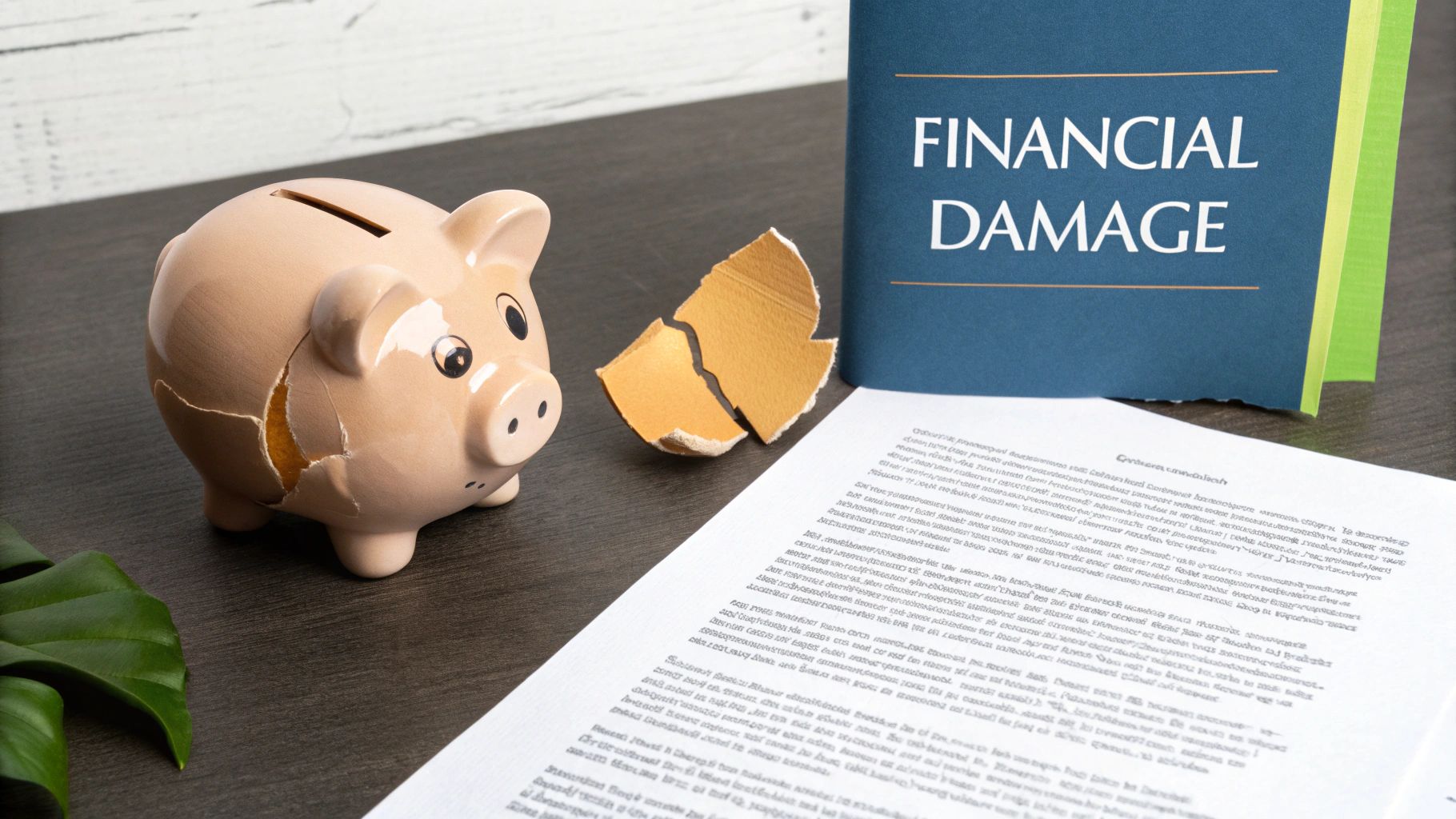 Broken piggy bank with a book titled 'Financial Damage' and legal document, symbolizing financial loss.