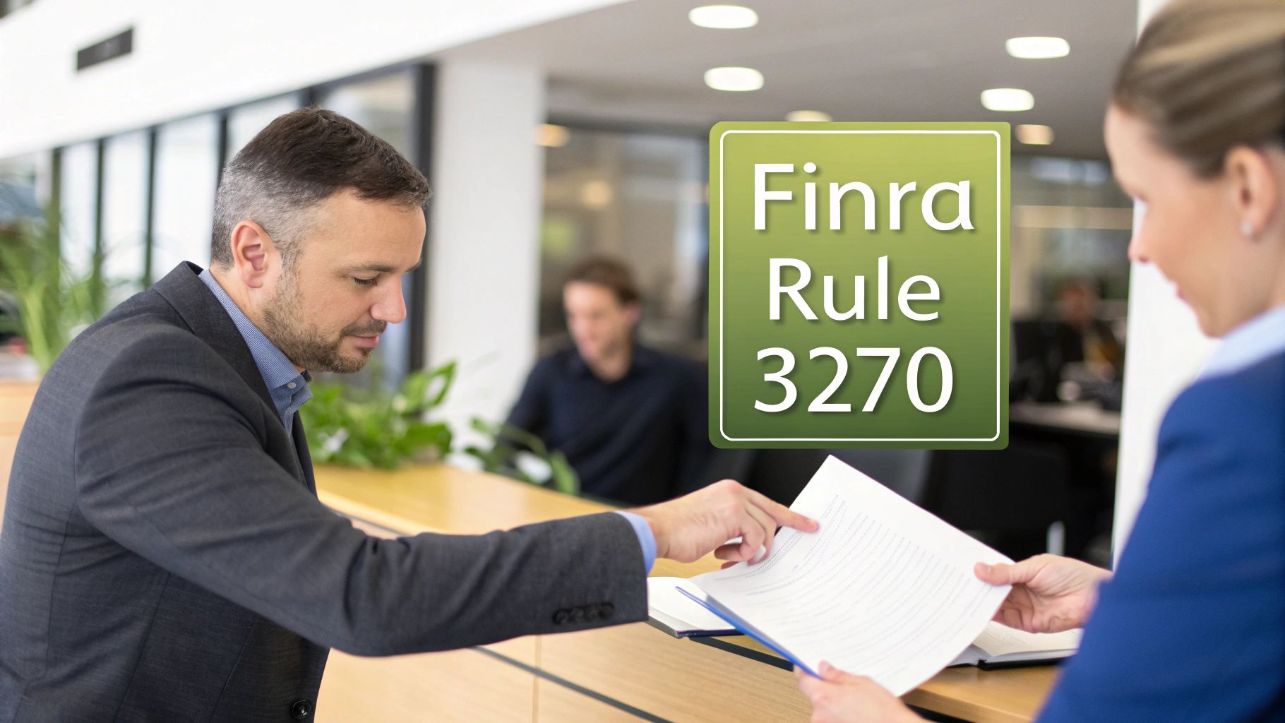 Professionals in an office reviewing documents under a Finra Rule 3270 sign.