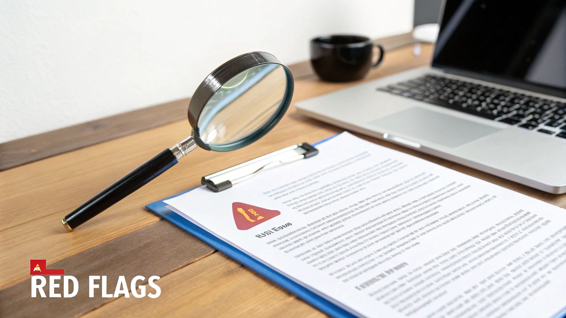 A magnifying glass and document with 'RED FLAGS' on a desk, next to a laptop and coffee.