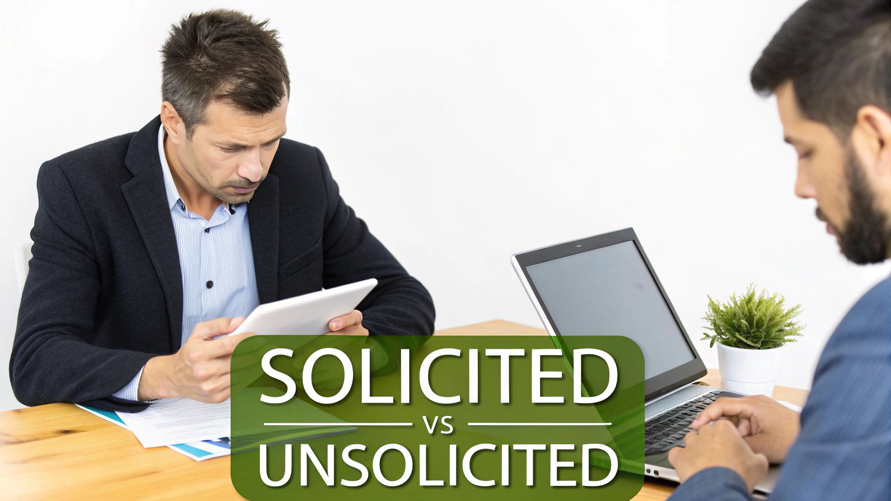 Two men in an office, one using a tablet, the other a laptop, with 'Solicited vs Unsolicited' text.