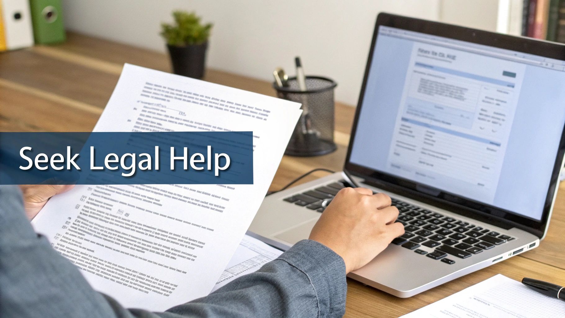 A person reviews legal documents while typing on a laptop, with 'Seek Legal Help' text.