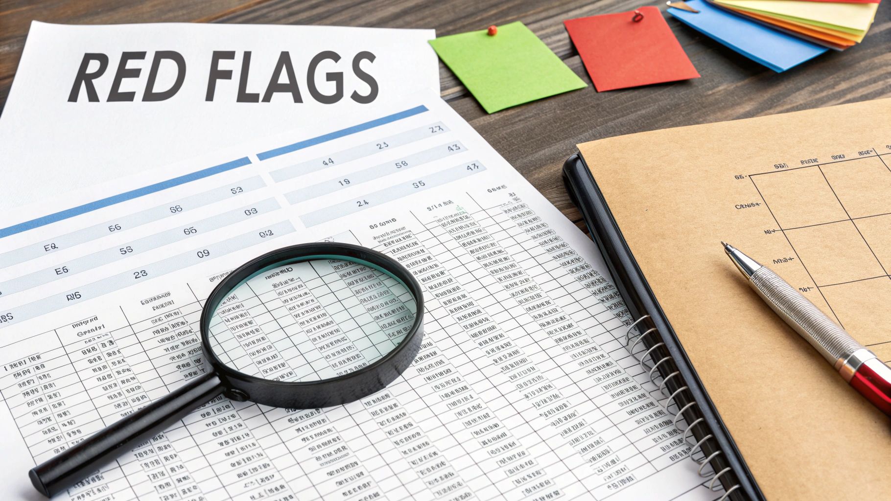 A document titled 'RED FLAGS' with financial data, a magnifying glass, and a notebook for review.