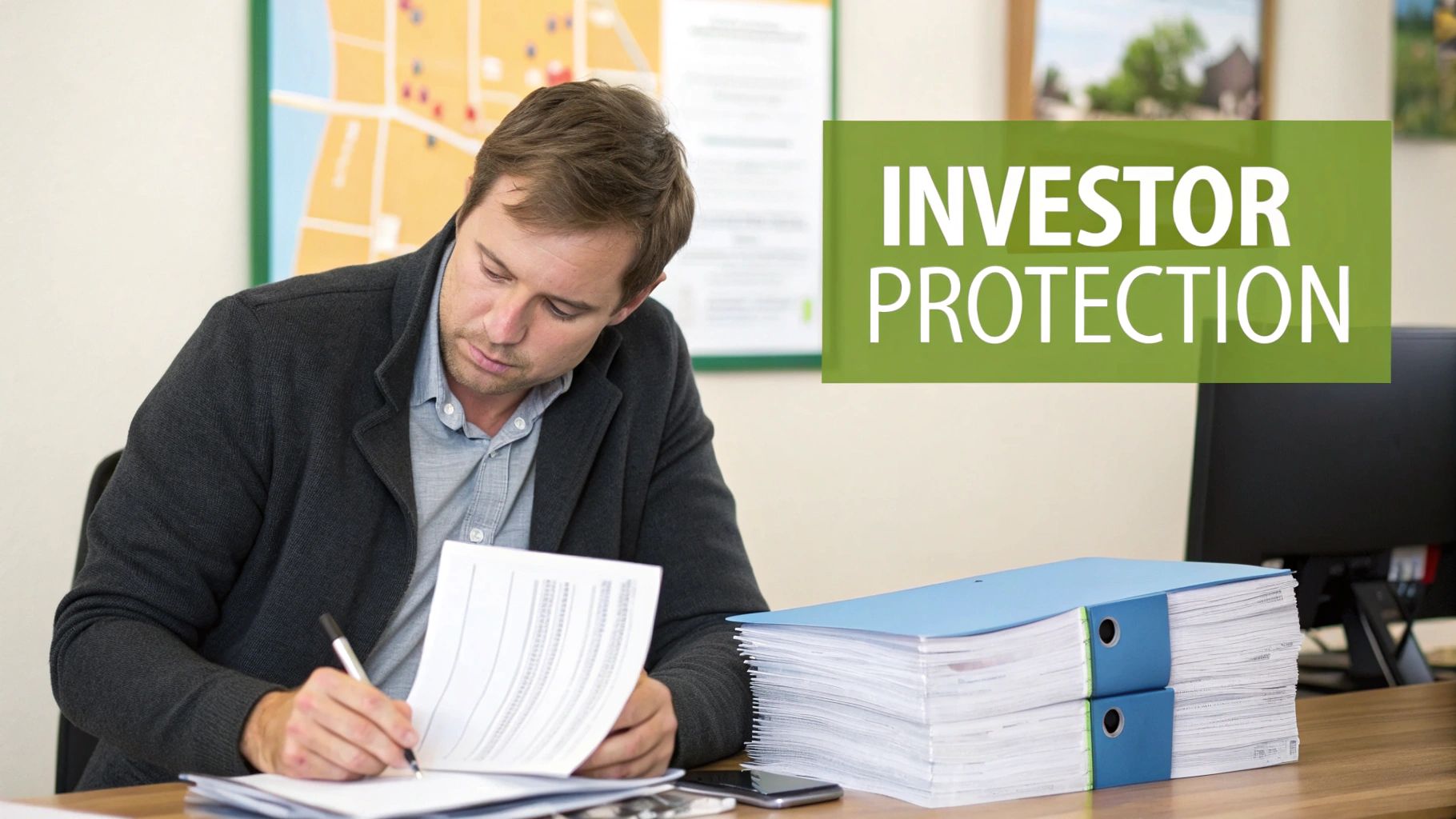 Man in a grey cardigan writing at a desk with documents, next to an 'INVESTOR PROTECTION' sign.