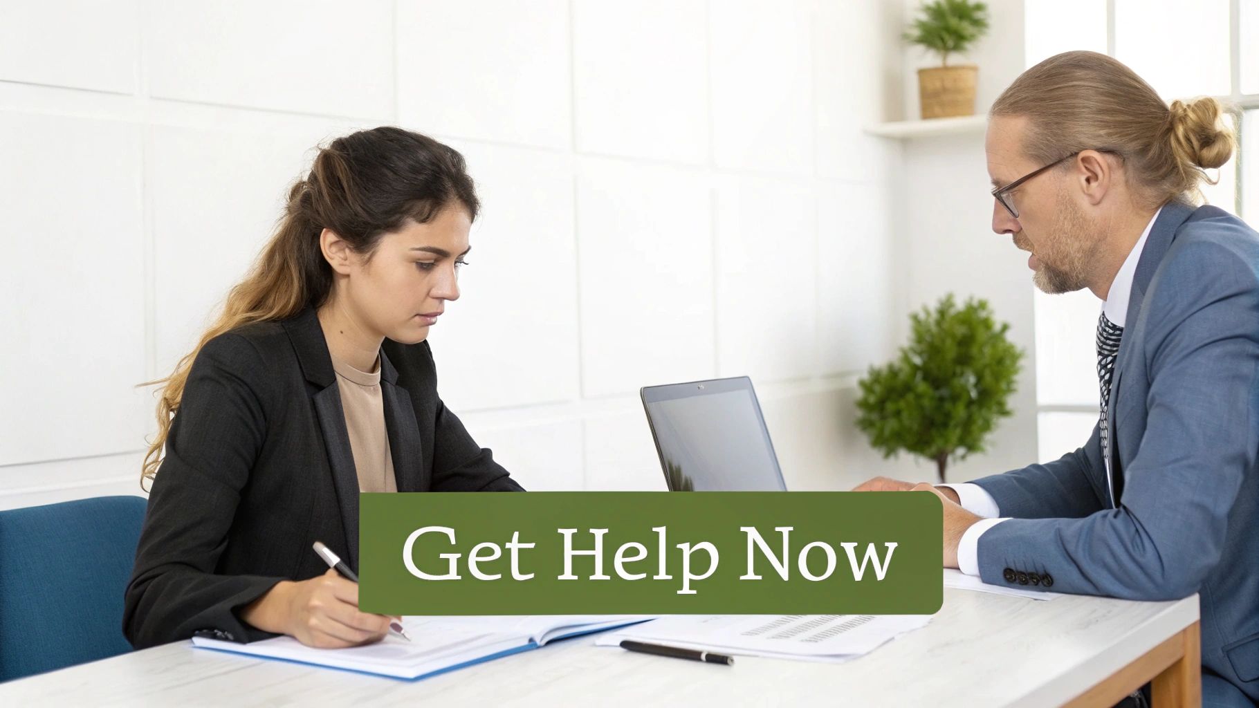 A focused businesswoman writing on documents with a man working on a laptop beside her.