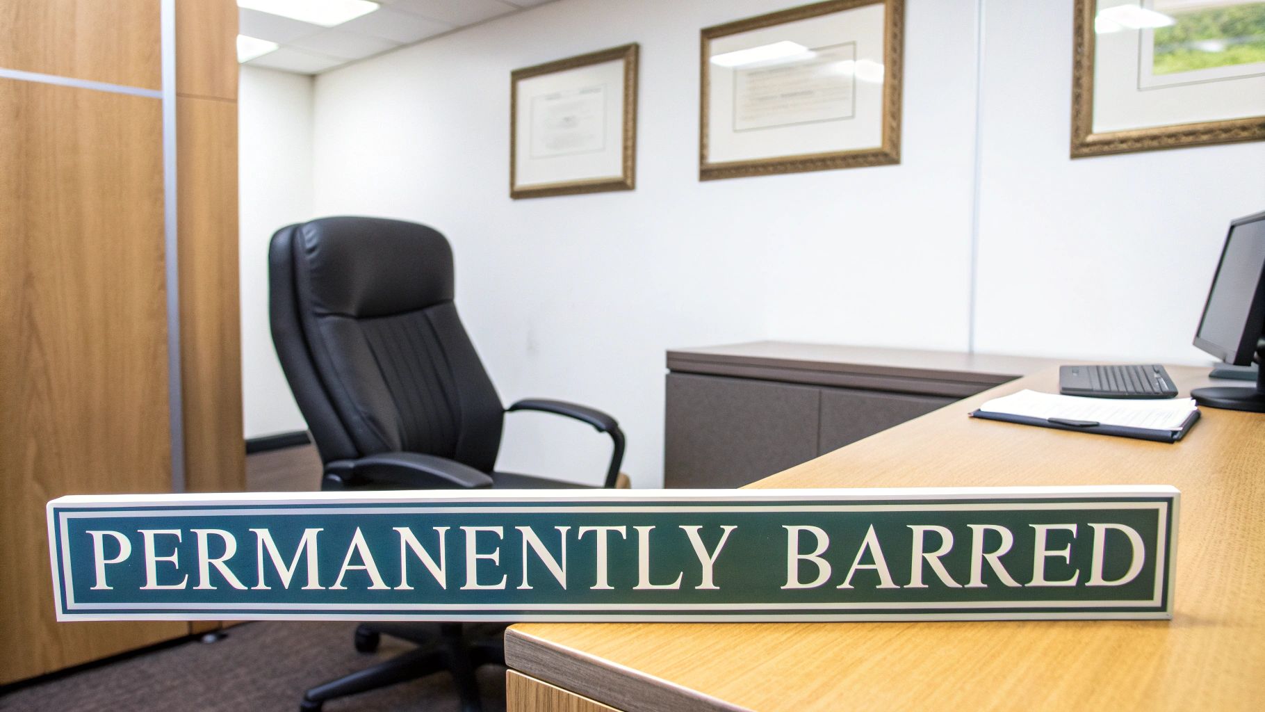 A sign reading 'PERMANENTLY BARRED' sits on a wooden desk in an office.
